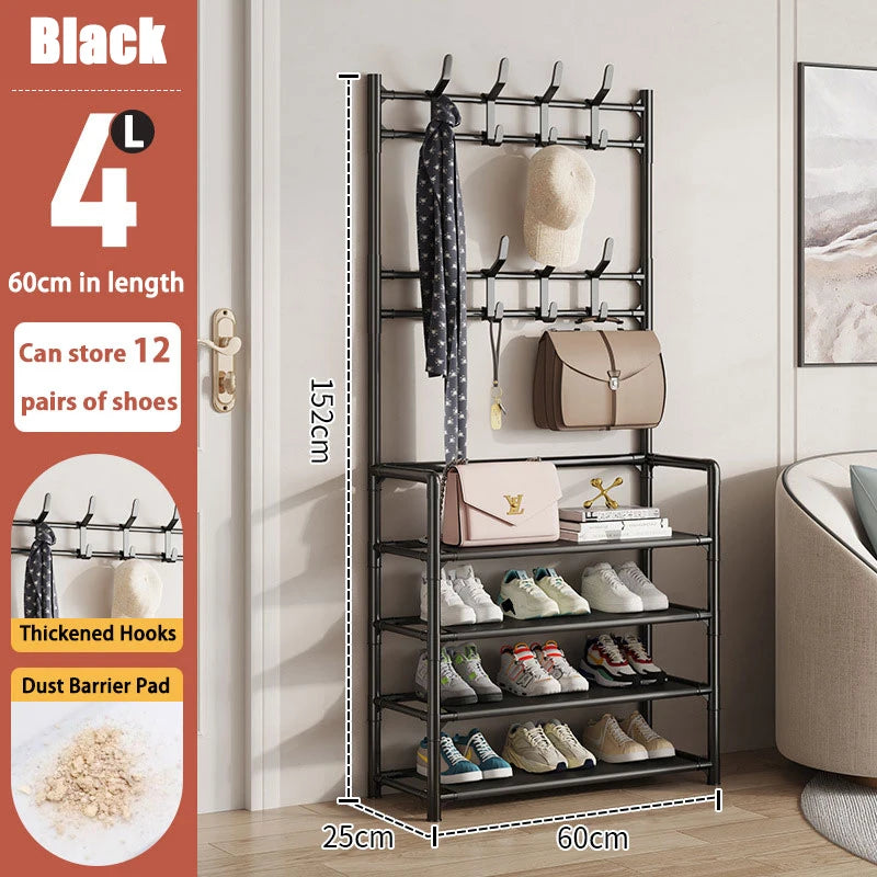 Close-up of shoes and hats neatly organized on the multi-tier shoe rack, demonstrating its versatility for different items.