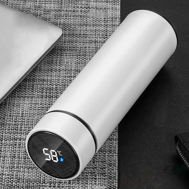 Collection of insulated stainless steel vacuum flasks in multiple colors, all featuring smart LED temperature display lids