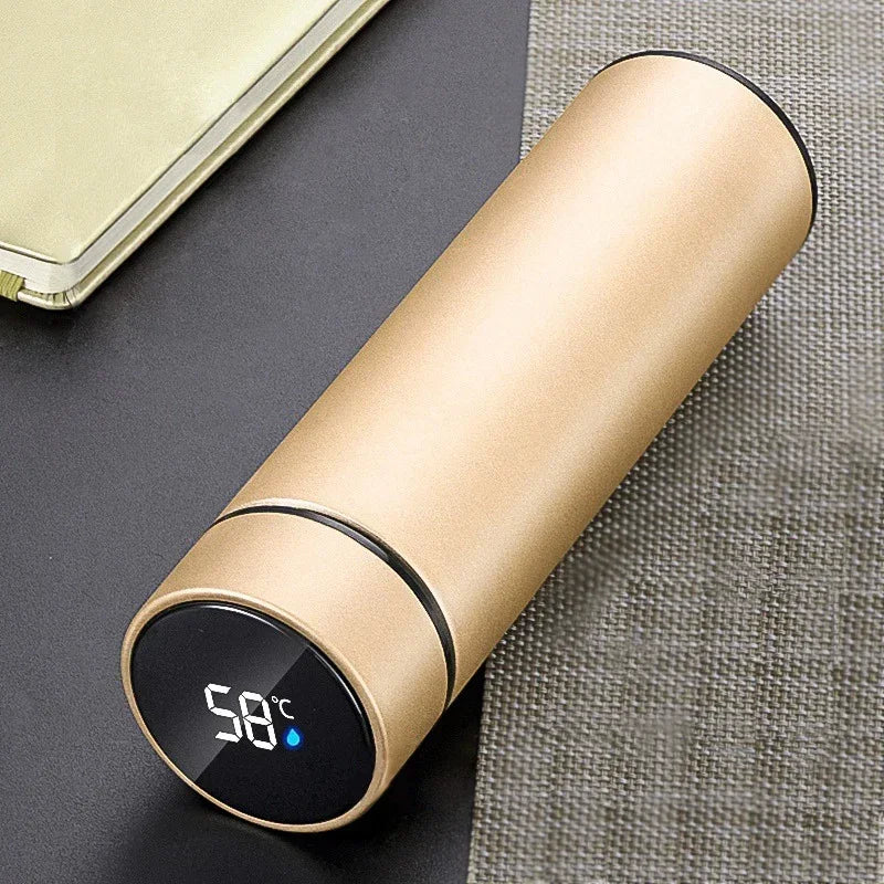 Insulated smart LED vacuum flask placed in a sports environment, ideal for gym, outdoor activities, and hydration on the go