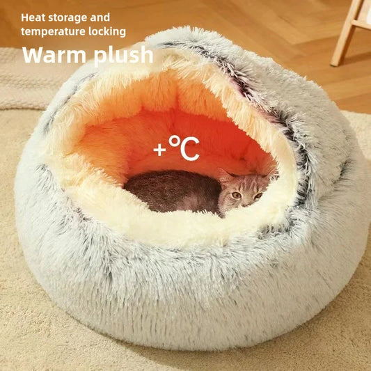 Soft plush pet bed with a semi-enclosed shell design, providing warmth and comfort for cats and small pets.