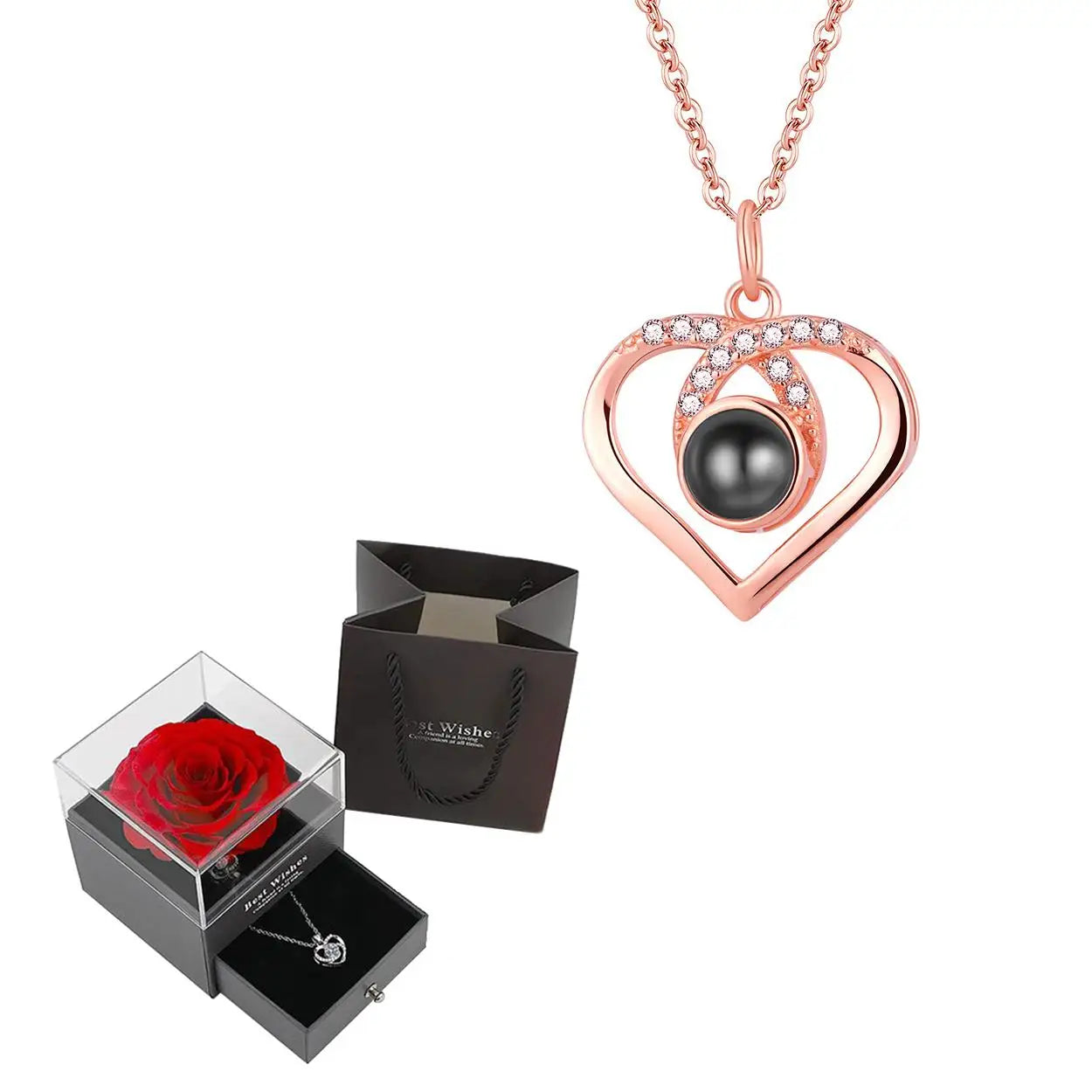 Heart necklace projecting “I Love You” in 100 languages, perfect for proposals and anniversaries.