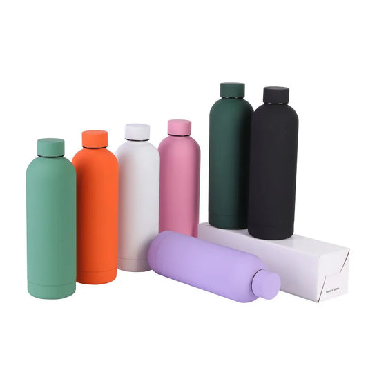 Sleek black stainless steel thermos bottle with a frosted finish and small mouth design for easy drinking.