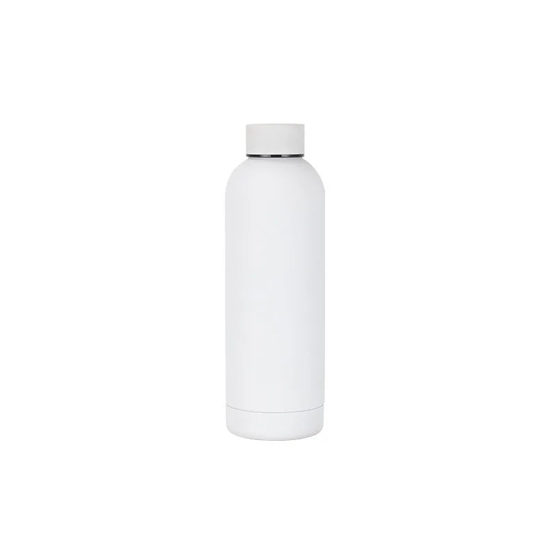 Stainless steel thermos bottle filled with cold beverage, maintaining icy freshness for long durations
