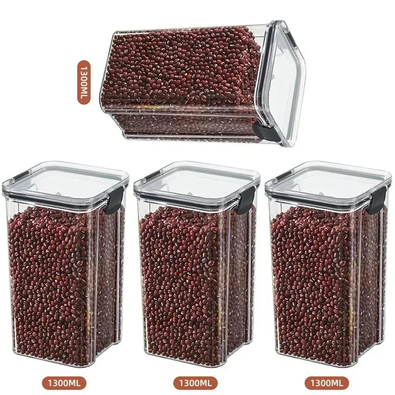 Transparent airtight food storage containers with secure lids for easy ingredient identification.