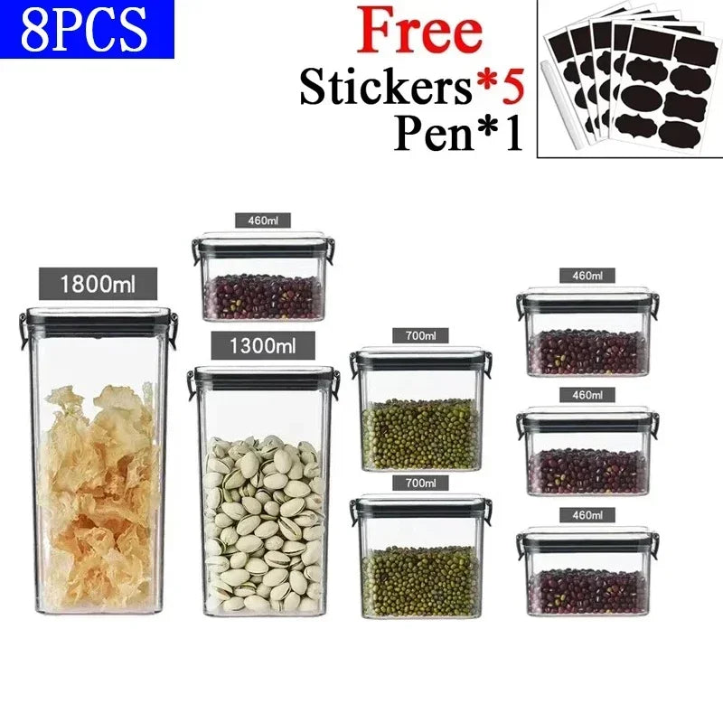 Transparent, stackable kitchen storage containers for dried fruits, grains, coffee, and spices.