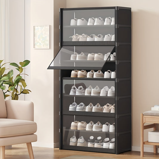 A spacious, dust-protected shoe rack designed to neatly store up to 32 pairs of shoes while keeping them clean and visible.