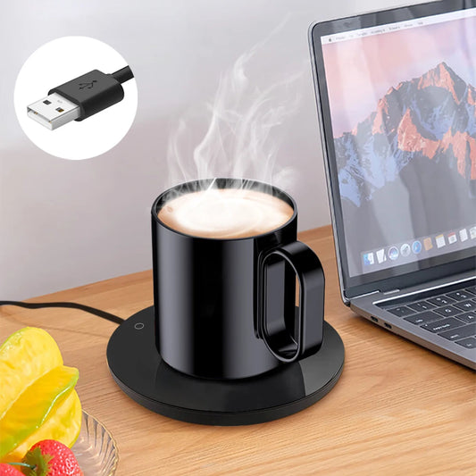 Front view of USB mug warmer keeping coffee, tea, or milk at the perfect temperature, compatible with various mugs.