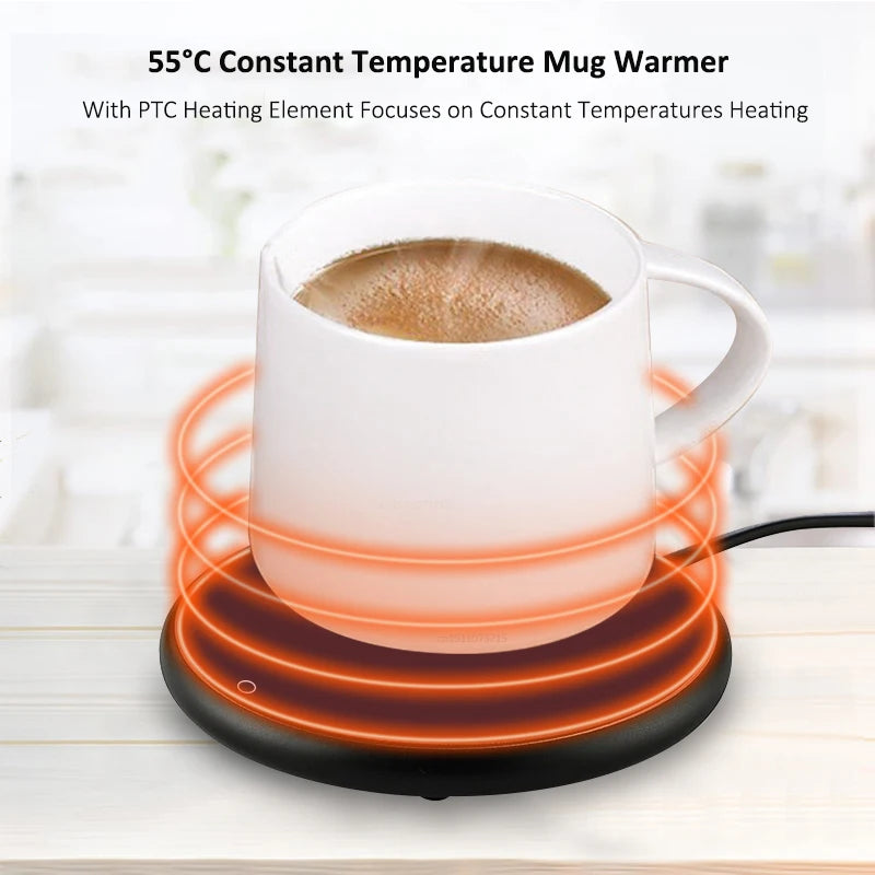 USB mug warmer in use with a ceramic coffee cup, maintaining an ideal drinking temperature for hot beverages.