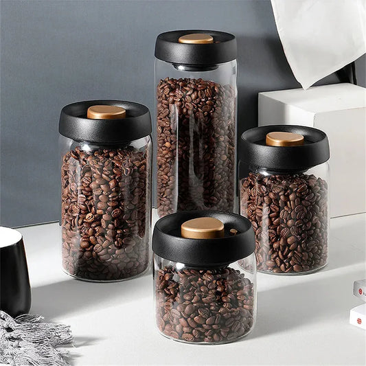 Vacuum-sealed airtight glass storage jar, perfect for keeping coffee beans, tea, and dry foods fresh.