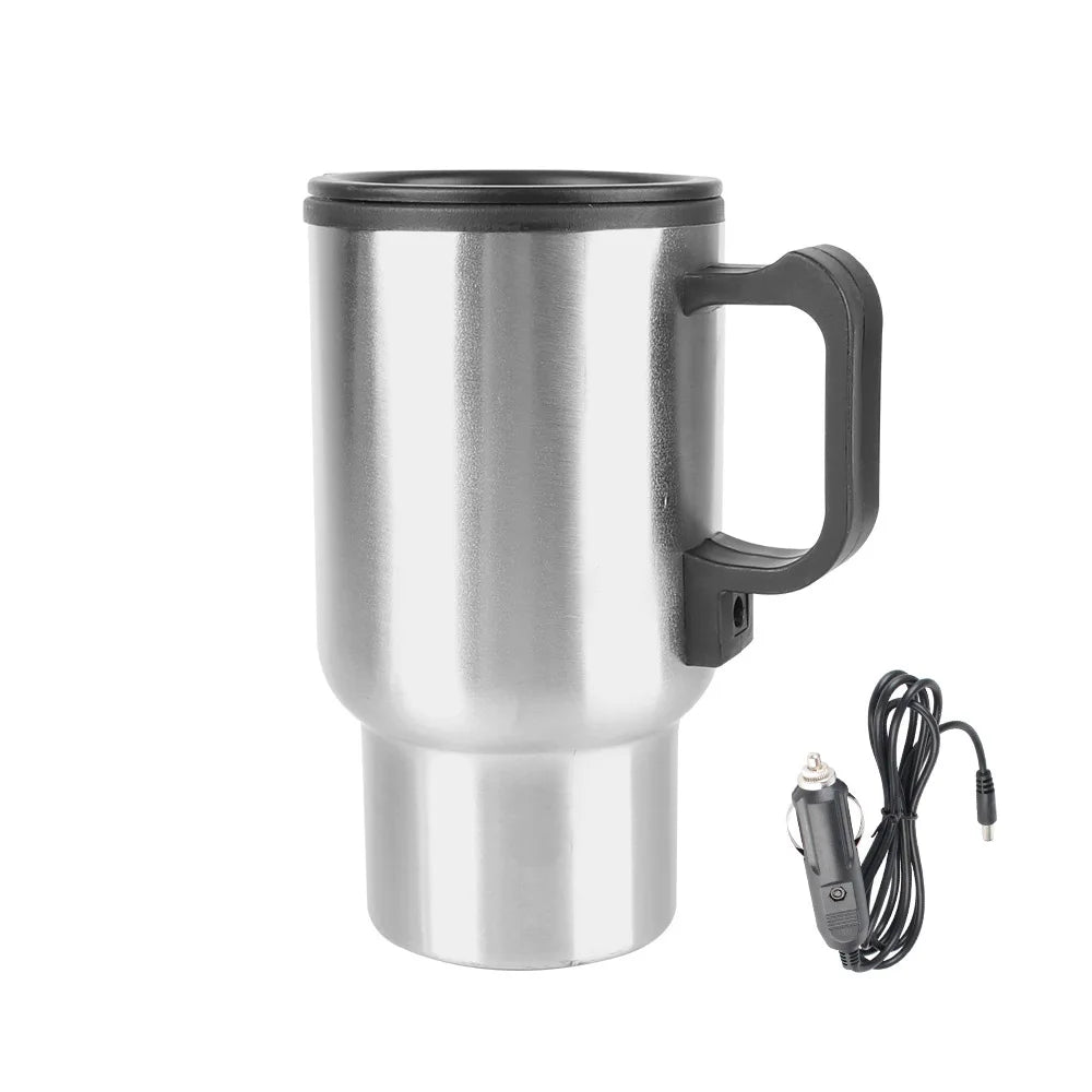 Compact 12V vehicle heating cup and electric kettle for making hot drinks on the go, ideal for cars, long trips, and outdoor adventures.