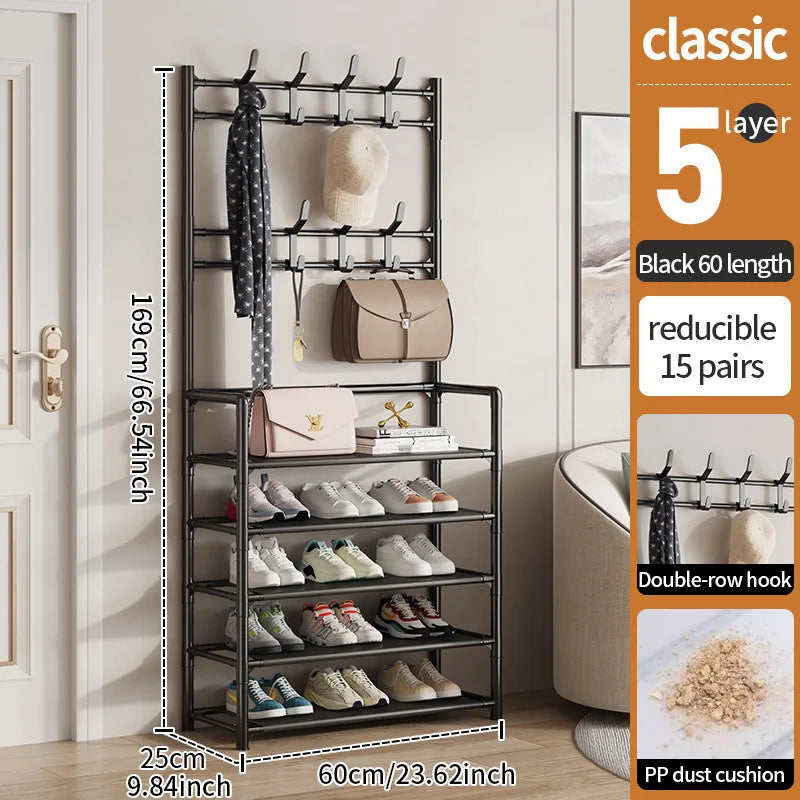 The vertical design of the shoe rack, perfect for optimizing limited floor space.
