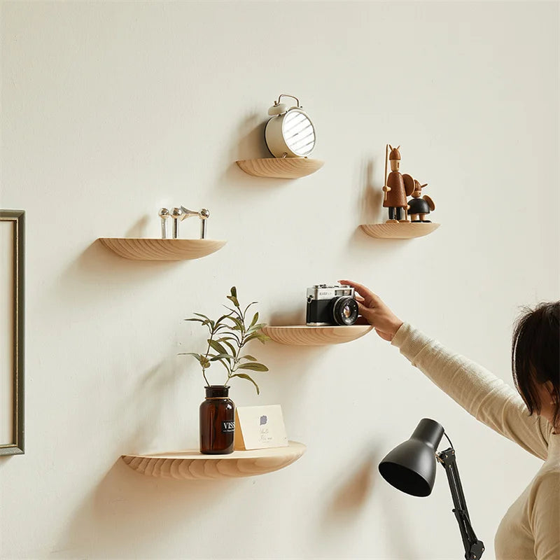 Wooden Semicircle Wall Shelf – Stylish and functional wall-mounted shelf for displaying decor and organizing items in any room.
