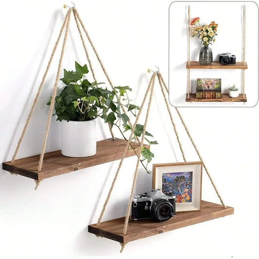 Front view of a wooden hanging swing shelf with hemp rope, perfect for wall-mounted storage and stylish home décor