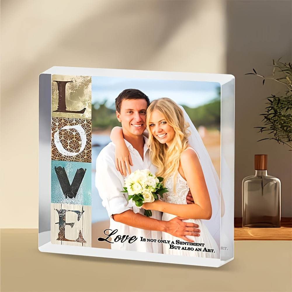 Personalized acrylic photo stand wrapped and presented as a memorable gift