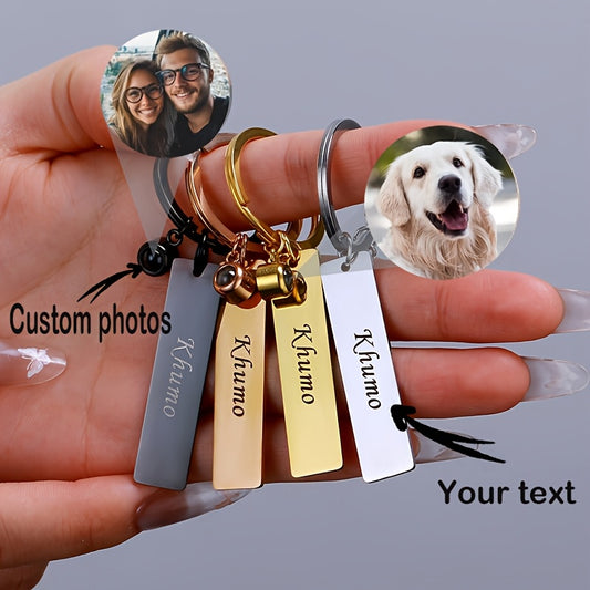Personalized stainless steel keychain with custom photo and engraved text – front view.
