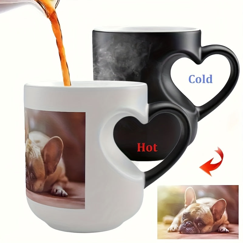Front view of custom heart-shaped ceramic mug featuring a French Bulldog design