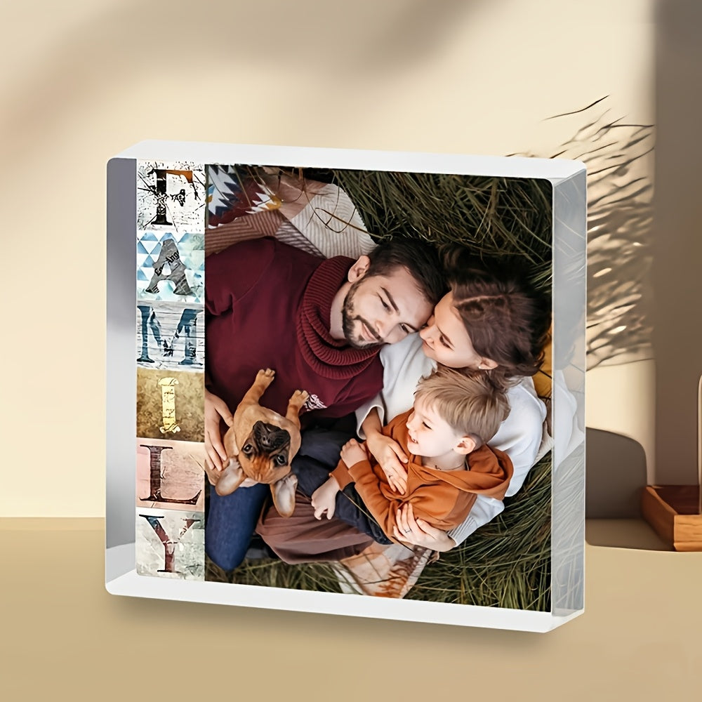 Custom acrylic photo frame styled in a modern home office setting