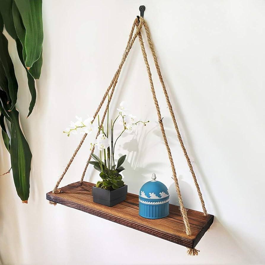 Wooden hanging swing shelf with hemp rope, perfect for wall-mounted storage, plants, and home décor in any room or garden.