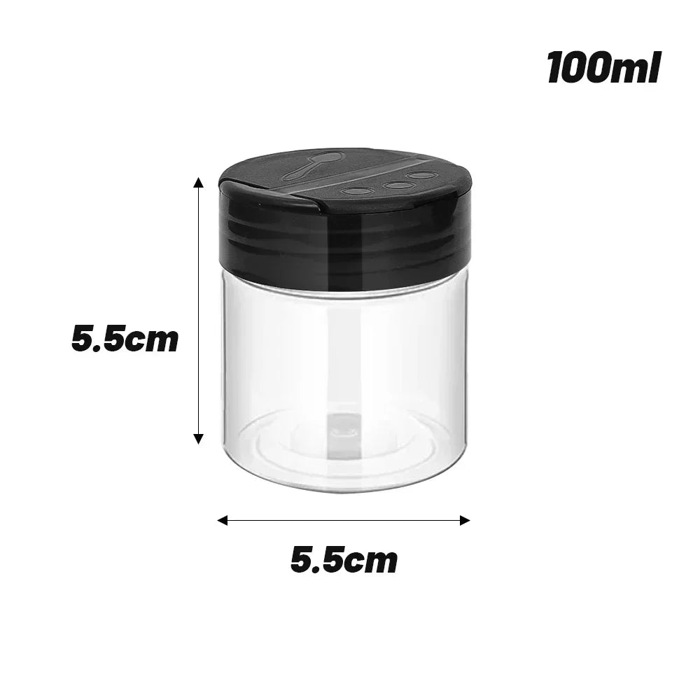 Close-up of sealed spice jars with leakproof screw-on lids