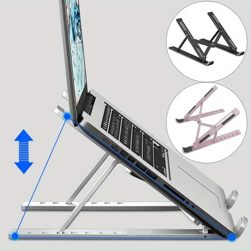 Adjustable laptop stand with cooling rack, designed for desktop storage and organization.