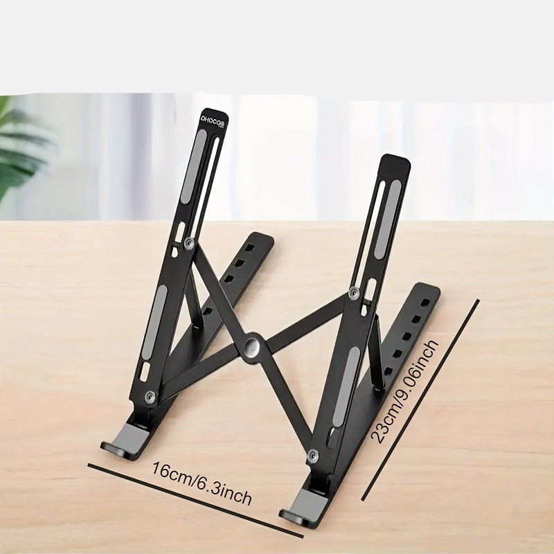 Front view of adjustable vertical laptop stand, cooling and space-saving design for desktops.