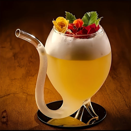 Front view of LDQ wine glass mug with built-in straw, perfect for juice, cocktails, and iced drinks.