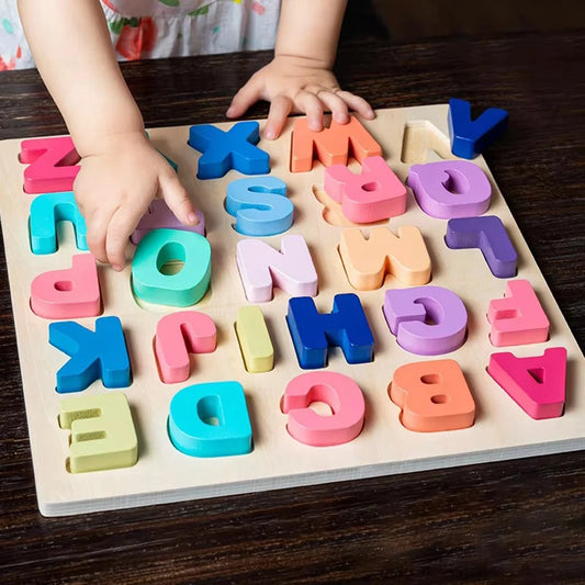 Montessori wooden puzzle featuring colorful alphabet blocks for toddlers