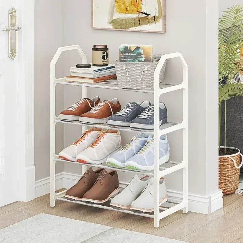 Close-up of sturdy multi-level shoe rack shelves showcasing storage capacity