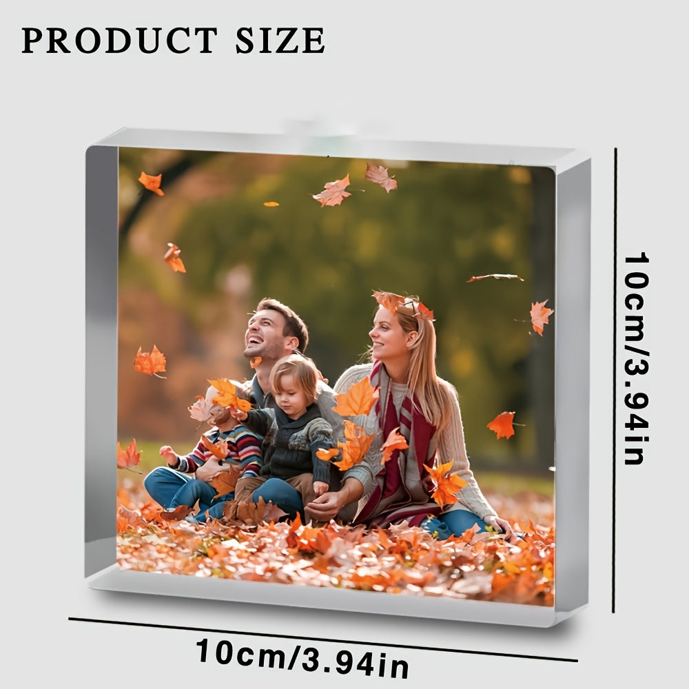 Crystal-clear acrylic photo block displaying a custom printed photo, ideal for gifts and decoration