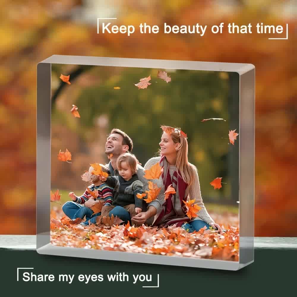 Close-up of square acrylic photo display showing premium quality and sharp image detail