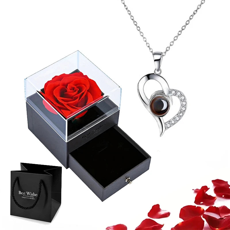 Stylish jewelry set with heart pendant necklace and rose box, a thoughtful gift for loved ones.