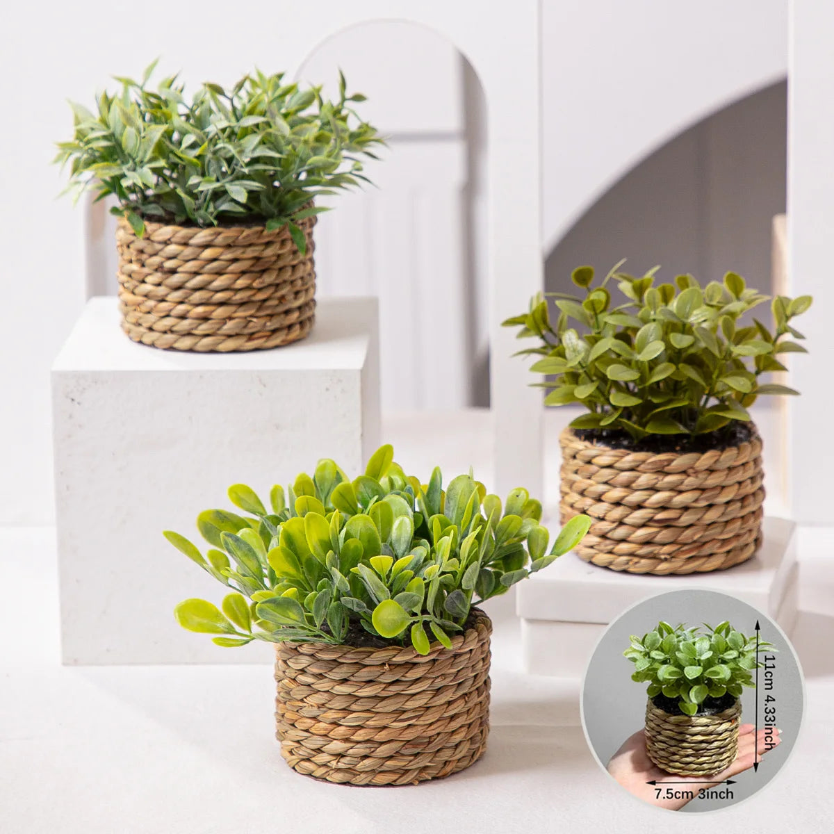 Front view of XIYA FLOWER green artificial eucalyptus plant in a woven pot, ideal for home decoration.